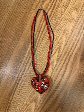 Pier 1 Red, Black and Silver Glass Heart Pendant Necklace